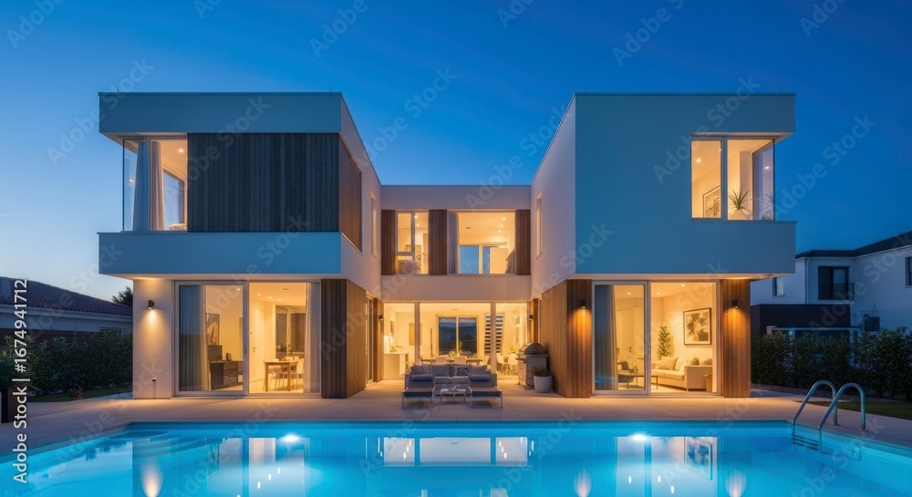 © phj.domingos - Stunning modern luxury villa at night, illuminated with warm interior lights, featuring a large swimming pool in the foreground and sleek architectural design, embodying sophisticated living © phj.domingos - Stunning modern luxury villa at night, illuminated with warm interior lights, featuring a large swimming pool in the foreground and sleek architectural design, embodying sophisticated living