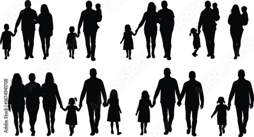 Silhouettes of Families with Children Walking and Holding Hands - Vector Illustration Representing Parenthood, Unity, Love, and Togetherness Concept
