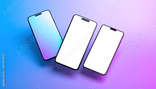 Three Smartphone Mockups with Blank Screens Over Gradient Background