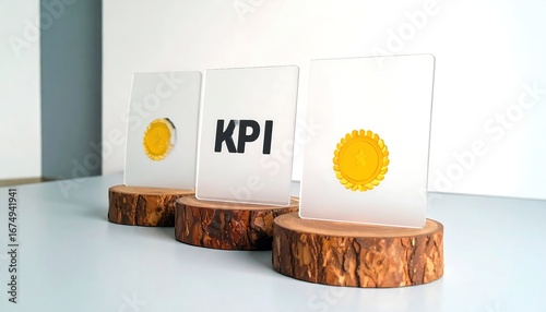 Three Floating KPI Leaderboard Tiles With Gold Medals Displayed on Wooden Platforms in a Studio Setting