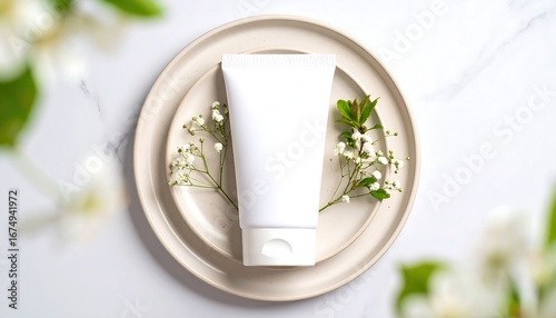 Top View of Blank White Cosmetic Tube Mockup on Neutral Ceramic Plate with Floral Decoration on Marble Surface