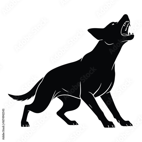 Black silhouette of an aggressive dog growling and barking. Vector illustration of a fierce canine in an attacking pose isolated on a white background