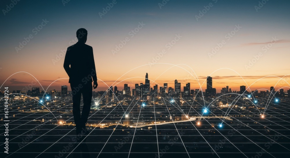 Fototapeta premium A businessman and woman look out at the urban skyline from a skyscraper, a silhouette of success against the city