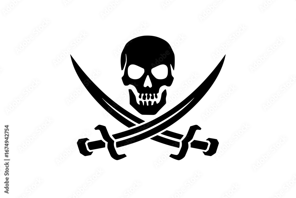 Obraz premium Black pirate skull with crossed swords, a classic Jolly Roger symbol. Isolated vector graphic icon for maritime and adventure themes