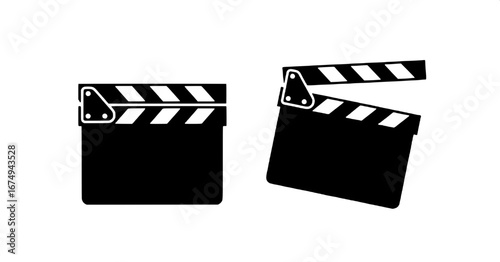 Dynamic black and white film clapperboard illustrations, depicting both closed and angled open positions, symbolizing the vibrant world of movie production, directing, and cinematic storytelling