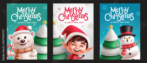Merry Christmas character greeting card clipart poster set. Christmas and Happy New Year invitation card with elf, polar bear and snowman clip art characters for wishes and holiday season flyers 