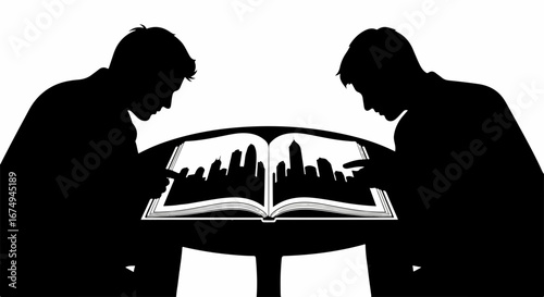 Black and white silhouette of two readers discovering a city in a book.