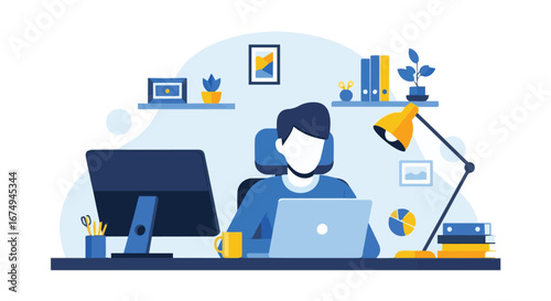 A person working remotely at a desk with a computer and laptop, surrounded by office supplies and decor.