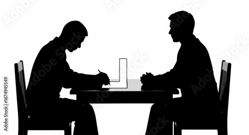 Silhouette of two businessmen at a table during a contract signing.