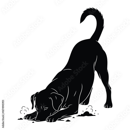 Energetic Black Dog Digging Playfully in the Ground with Dirt Flying, a Symbol of Canine Joy and Curiosity