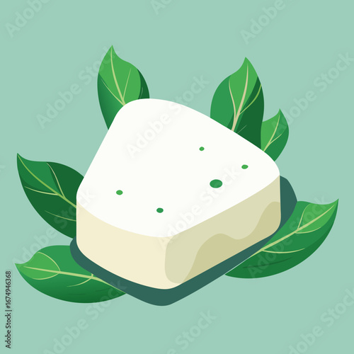An illustrated vector icon of a slice of delicious yellow cheese with herbs and olives on a white background