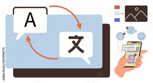 Speech bubbles with letters and arrows signify language translation. Smartphone showing real-time translating app. Ideal for communication, globalization, technology, language learning, mobile apps