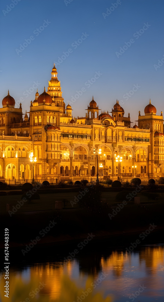 Fototapeta premium The majestic Mysore Palace illuminated with golden lights at dusk, reflecting in the calm water below.