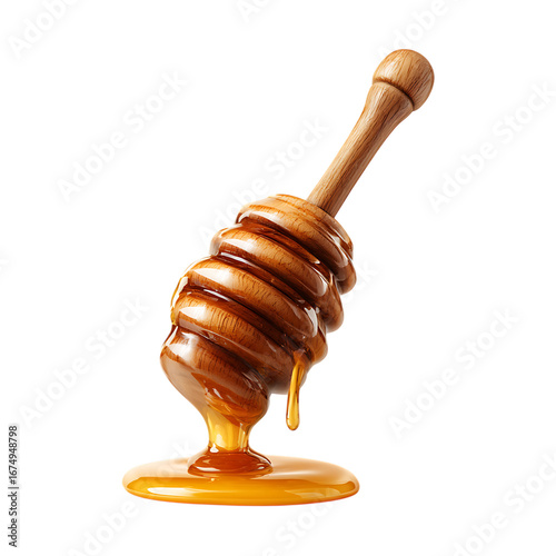 Wooden honey dipper with dripping honey isolated on transparent background.