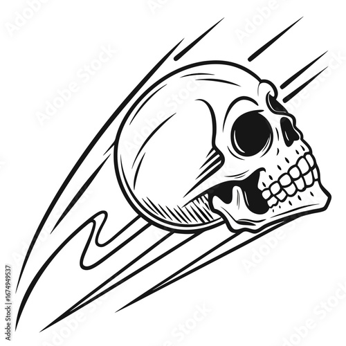 Dynamic black and white vector illustration of a speeding human skull with motion trails in a classic tattoo style