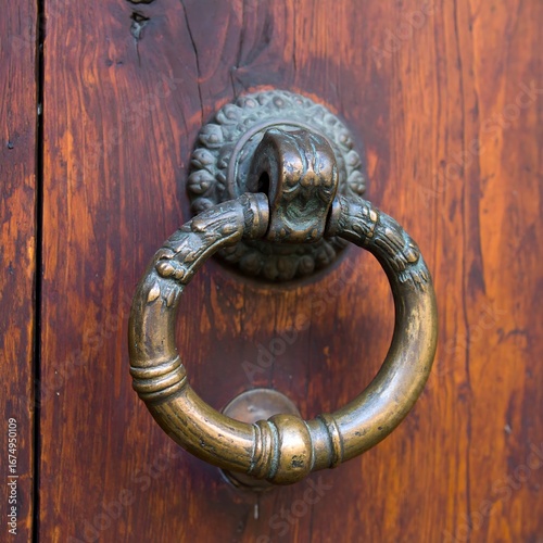 Ornate door knocker on aged wood