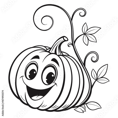 Cheerful Pumpkin with Vine in Black and White Outline for Coloring and Seasonal Fun