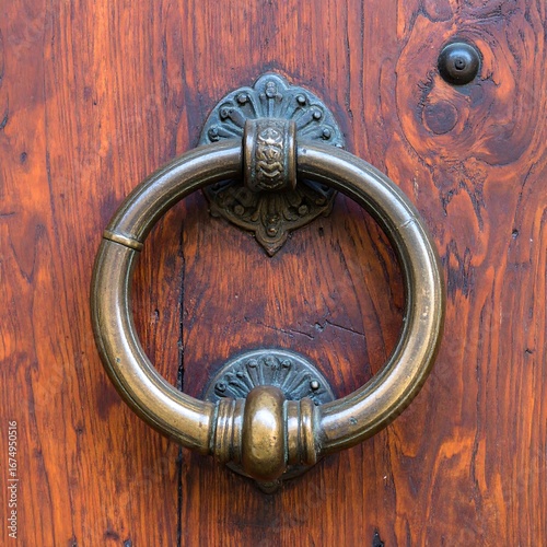 Ornate door knocker on aged wood (1)