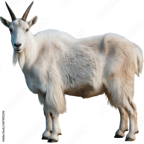 A majestic white mountain goat with impressive horns stands proudly on a transparent background, showcasing its thick fur and alert gaze