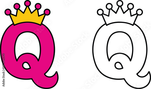 Two outlined letter Q icons, one pink with a gold crown and one black and white