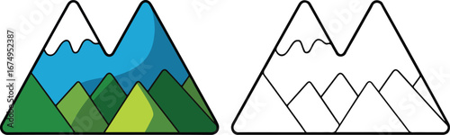 Cartoon mountains shows snowy peaks, blue mountain, and green foothills with a line art version