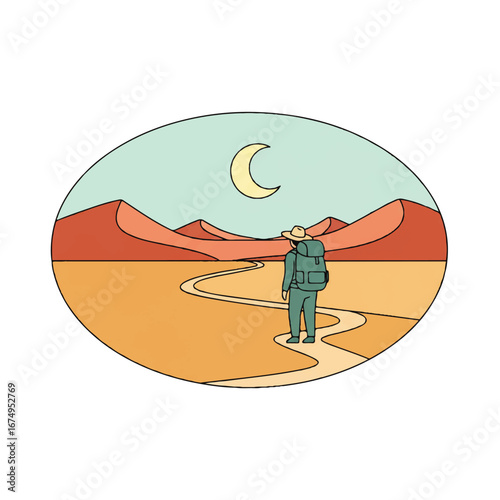 Lone traveler walking into the desert under moonlight, evoking adventure and exploration