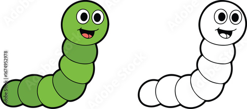 Cheerful green cartoon caterpillar beside its outlined monochrome version shows simplicity