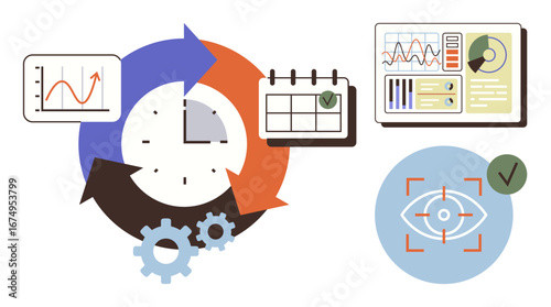 Arrows encircling clock with charts, calendar, checklist, and focus symbol. Ideal for workflow optimization, task management, time tracking, monitoring progress, productivity analysis simple flat