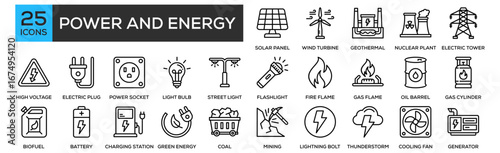 Power and Energy icon collection set. Containing design Solar Panel, Wind Turbine, Geothermal Plant, Nuclear Plant, Electric Tower