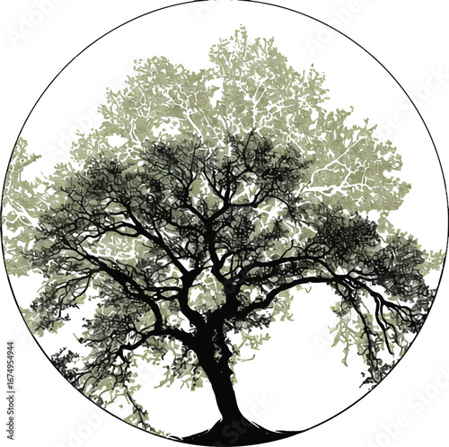 Majestic Oak: A striking silhouette of a magnificent oak tree, presented within a circular frame, celebrating nature's grandeur and resilience.