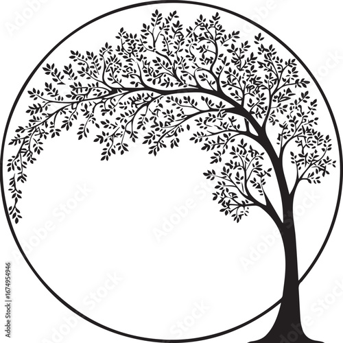 Nature's Embrace: An artful silhouette of a tree, its branches reaching out and forming a circle. A blend of art and nature, conveying peace and growth.