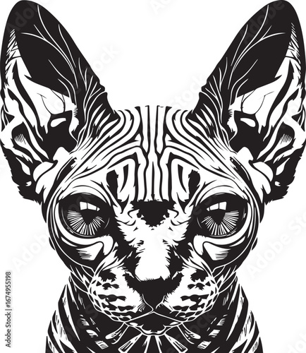 Sphynx Cat's Gaze: A detailed and artistic black and white illustration of a Sphynx cat, showcasing its unique skin patterns and piercing eyes, offering a captivating look into feline individuality.