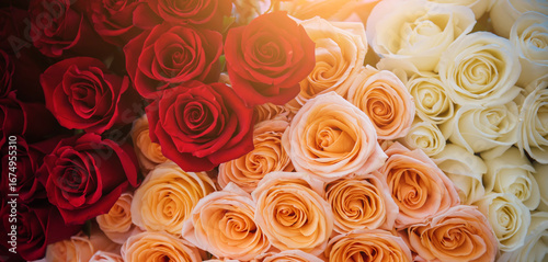 Floral background of red, white and pink roses. Large bouquets of colorful rose buds close up, festive floral background for women's day and valentine's day. Banner size