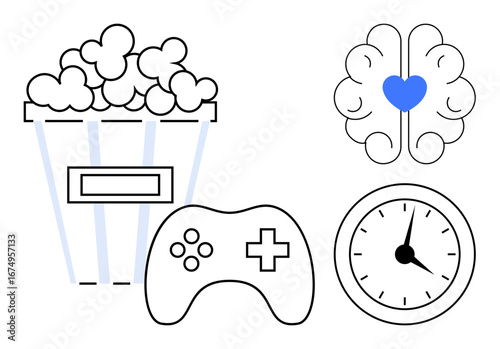 Popcorn bucket, gaming controller, brain with heart symbol, and clock highlight entertainment, relaxation, mental health, time management, creativity mindfulness and balance. Ideal for simple flat