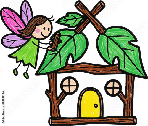 A Fairy Building a Little House of Twigs and Leaves
