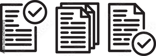Set of document icons with checkmarks and stacked papers showing approval and review status