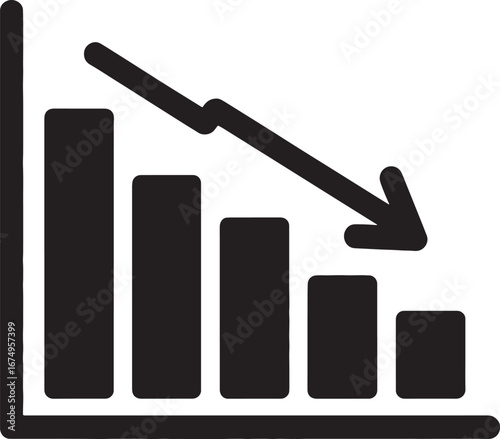Business downturn decline bar chart icon showing financial loss and economic recession trend
