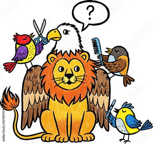 A Griffin Getting a Haircut from Little Birds