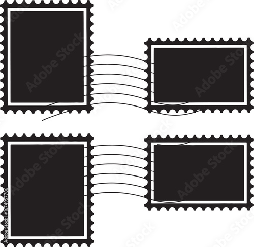 Four black postage stamps linked together with curving lines symbolizing connection or communication