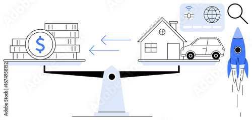Balance beam with coins on one side and house, car, and technology icons on the other. Arrows show exchange, rocket symbolizes progress. Ideal for finance, trade, investment, comparison economy