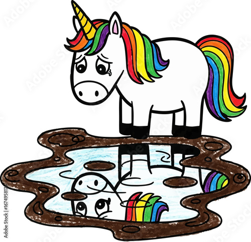 A Unicorn Sadly Looking at its Muddy Reflection