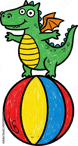 Circus Dragon Balancing on a Colorful Ball
