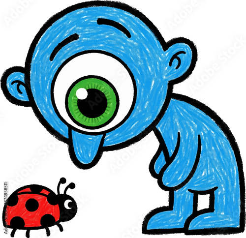 Gentle Cyclops Curiously Watching a Ladybug