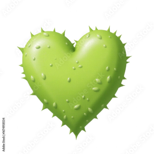 A vibrant green heart, textured with small thorns and droplets, evokes a feeling of nature's gentle strength.