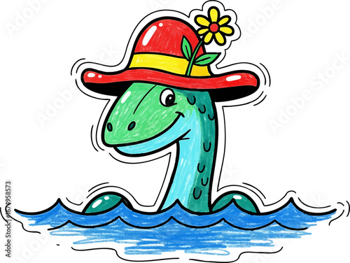 Loch Ness Monster in a Silly Hat Peeking from the Water