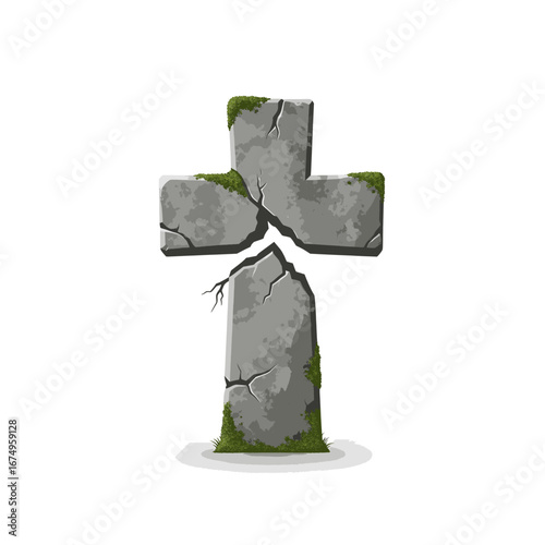 An ancient stone cross grave marker, cracked and weathered, covered in green moss. A vector illustration for a cemetery or Halloween concept
