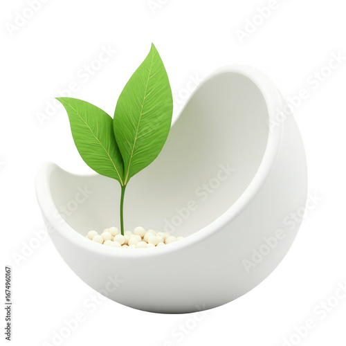 A vibrant sprout emerges from a smooth, white, sculpted bowl filled with small, delicate beads.