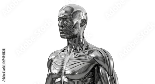 Shiny chrome 3D A Muscular System is looking to the side in 3D metallic style with glossy reflections, white background