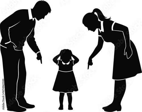 Silhouette of parents scolding stressed child, concept of family conflict, domestic stress, parenting problems, emotional abuse, mental health awareness