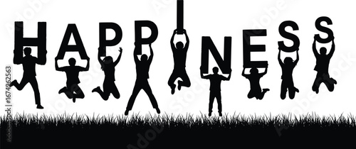 Silhouettes of people jumping with happiness, holding letters, spelling happiness, teamwork, joy, grass field, freedom, celebration, fun, outdoors, unity, friendship, lifestyle, motivation